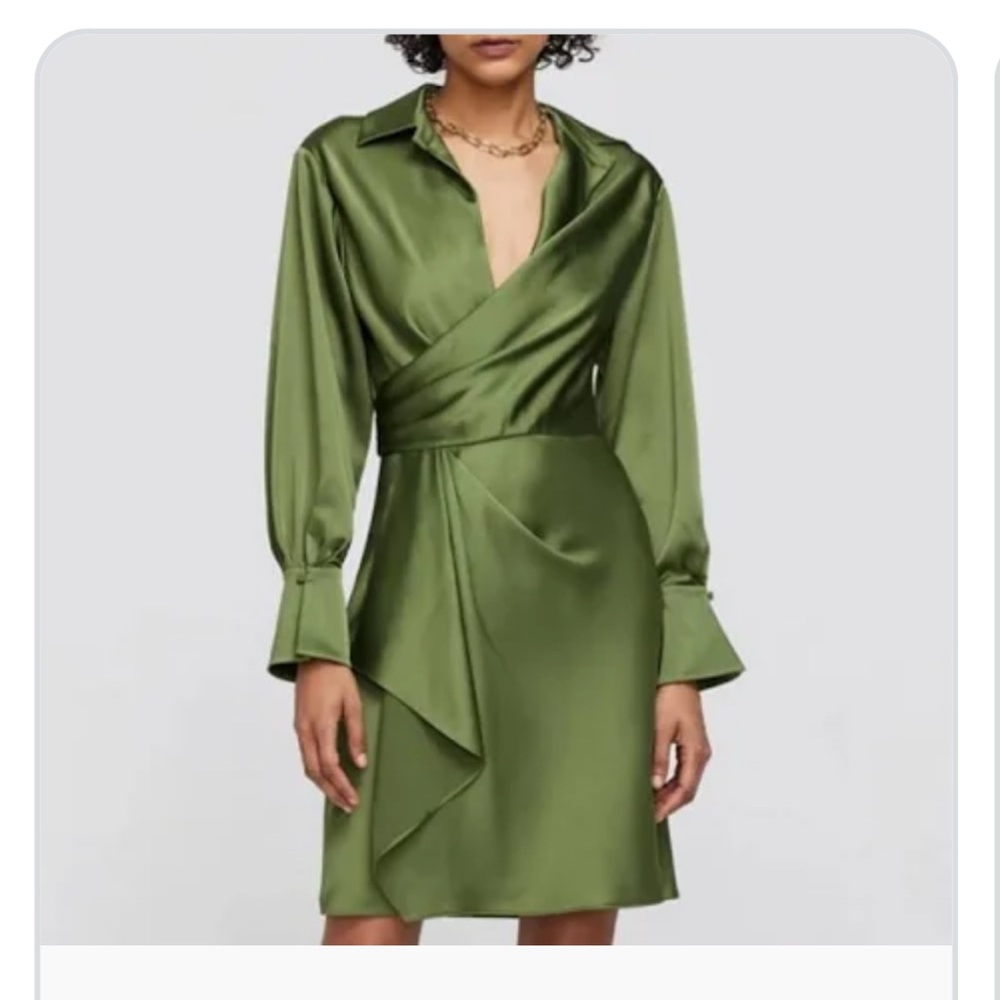 🕶️SIMKHAI Talita Draped Long Sleeve Faux Wrap Dress Olive green L (10/12) NWOT - Picture 2 of 6